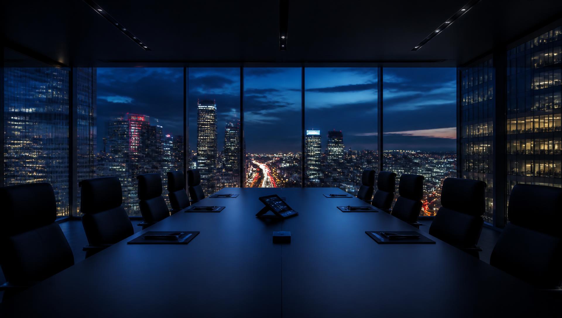 Executive boardroom at twilight overlooking an illuminated city skyline